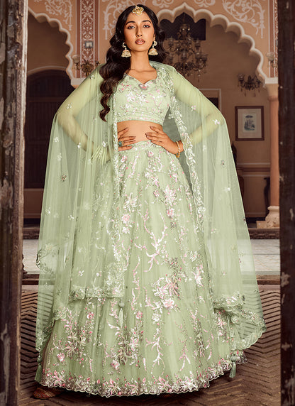 Net Pista Green Designer Wear Sequins Work Lehenga Choli 387247