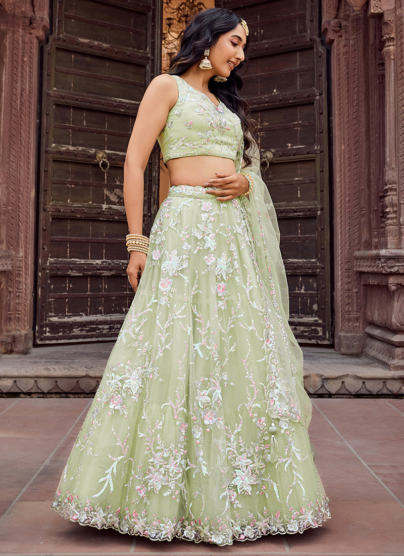 Net Pista Green Designer Wear Sequins Work Lehenga Choli 387247