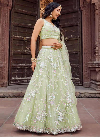 Net Pista Green Designer Wear Sequins Work Lehenga Choli 387247