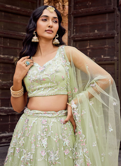 Net Pista Green Designer Wear Sequins Work Lehenga Choli 387247
