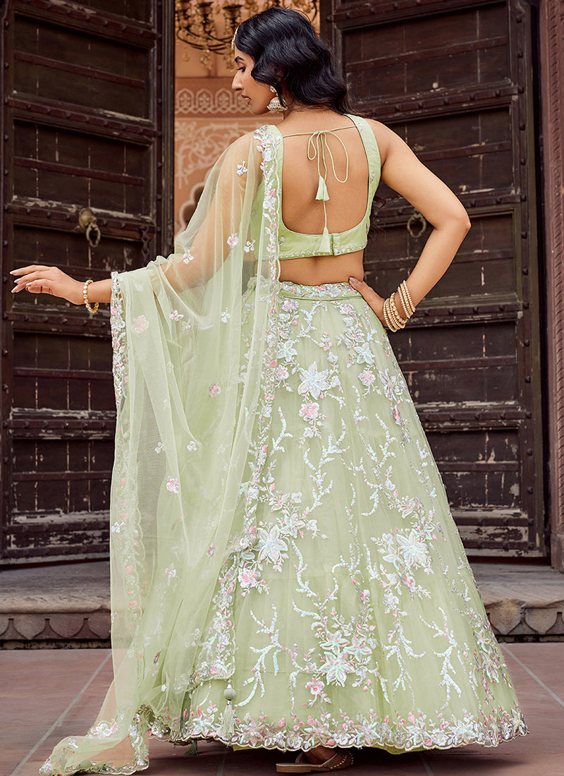Net Pista Green Designer Wear Sequins Work Lehenga Choli 387247