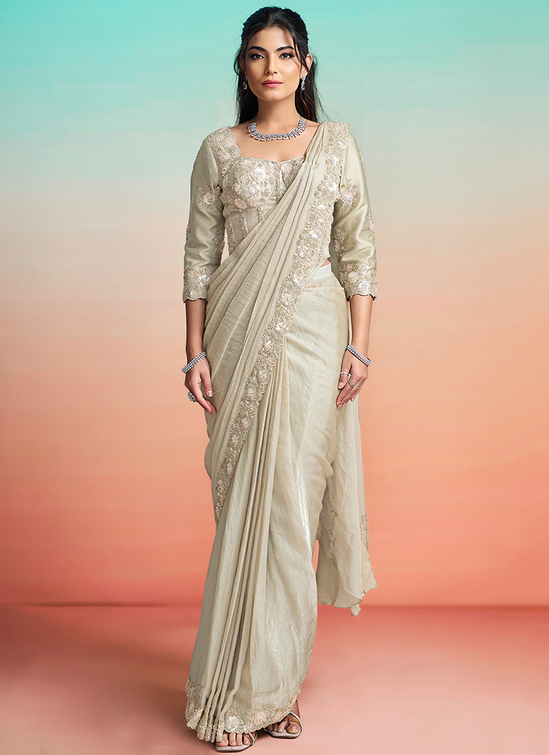 Pista Green Satin Silk Embroidery Work Festival Wear Readymade Saree SW902204
