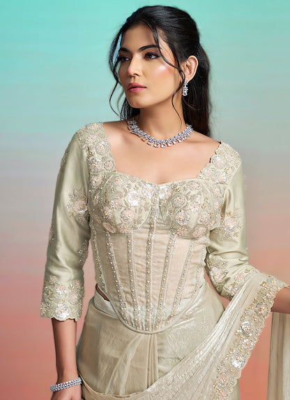 Pista Green Satin Silk Embroidery Work Festival Wear Readymade Saree SW902204
