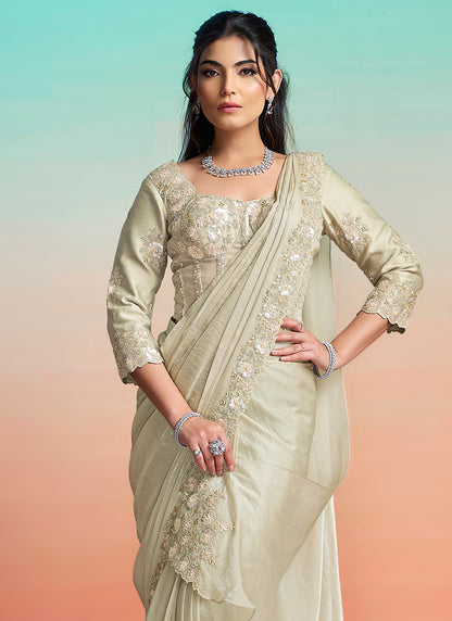 Pista Green Satin Silk Embroidery Work Festival Wear Readymade Saree SW902204