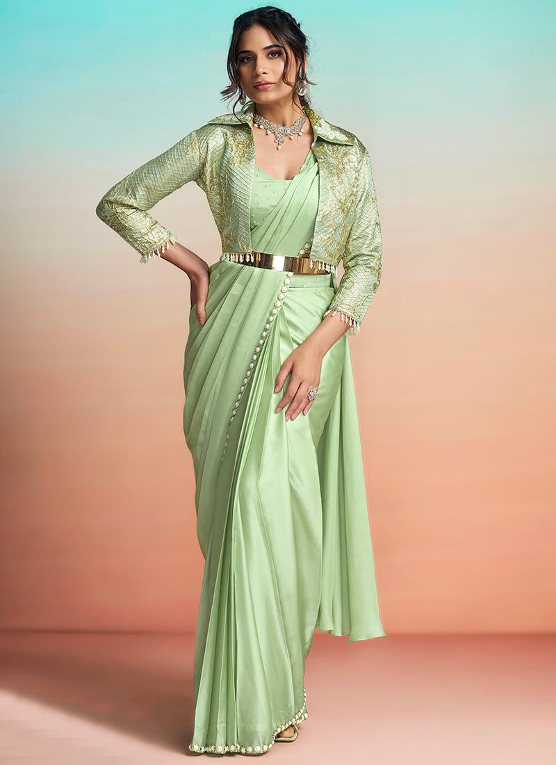 Pista Green Satin Silk Embroidery Work Festival Wear Readymade Saree SW691329
