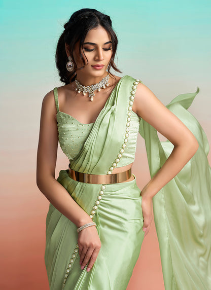 Pista Green Satin Silk Embroidery Work Festival Wear Readymade Saree SW691329