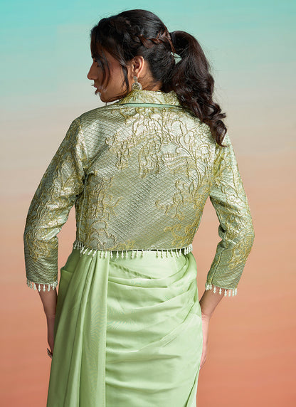 Pista Green Satin Silk Embroidery Work Festival Wear Readymade Saree SW691329