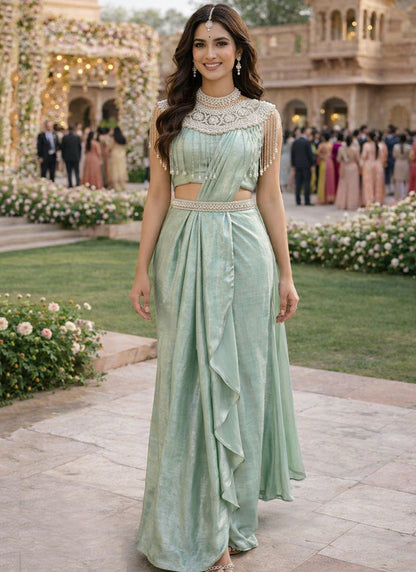 Pista Green Satin Silk Embroidery Work Festival Wear Readymade Saree SW809191