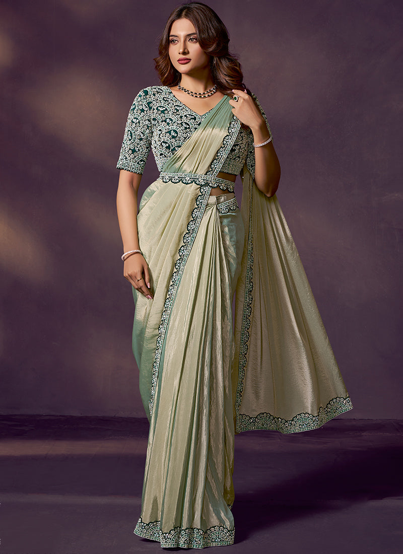 Silk Pista Green Wedding Wear Beads Embellished Ready To Wear Saree 386143
