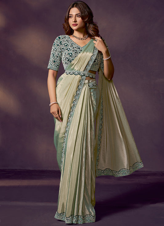 Silk Pista Green Wedding Wear Beads Embellished Ready To Wear Saree 386143