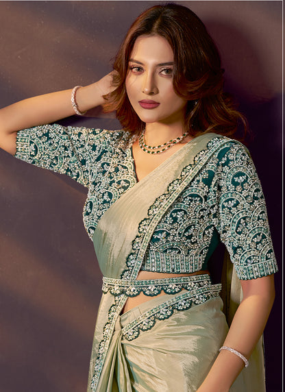 Silk Pista Green Wedding Wear Beads Embellished Ready To Wear Saree 386143