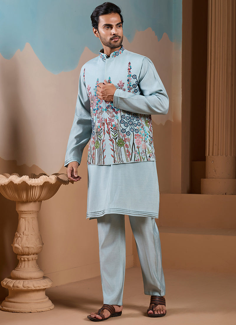 Silk Pista Green Wedding Wear Embroidery Work Readymade Kurta Pajama With Jacket 387112