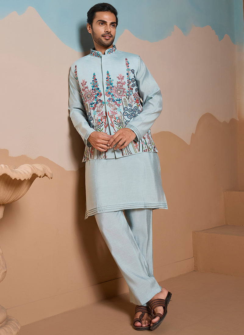 Silk Pista Green Wedding Wear Embroidery Work Readymade Kurta Pajama With Jacket 387112