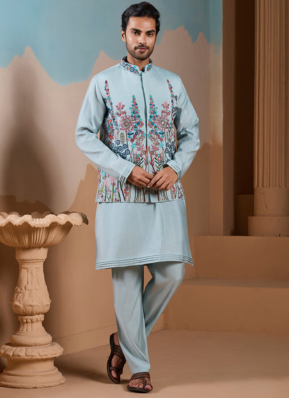 Silk Pista Green Wedding Wear Embroidery Work Readymade Kurta Pajama With Jacket 387112