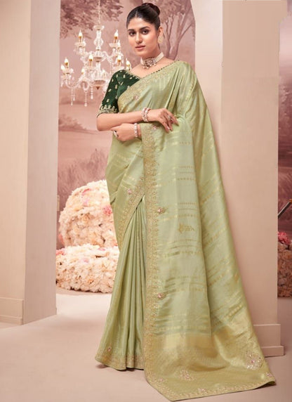 Pista Green Silk Hand Work Wedding Wear Saree SW647954