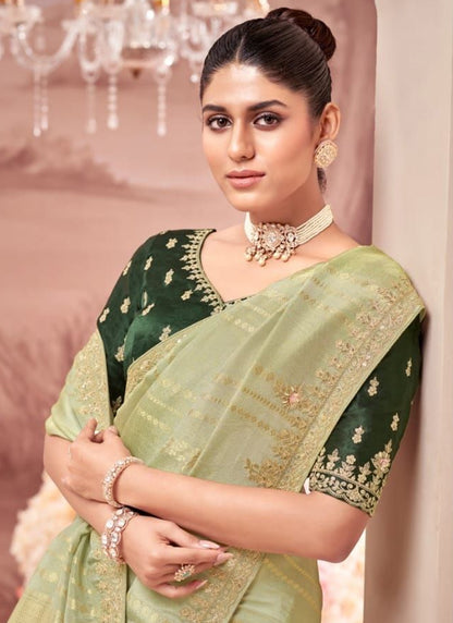 Pista Green Silk Hand Work Wedding Wear Saree SW647954