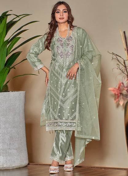 Heavy Organza Pista Eid Wear Embroidery Work Pakistani Suit 388304