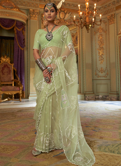 Ruby Chiffon Pista Festival Wear Thread Embroidery Work Designer Saree 388264