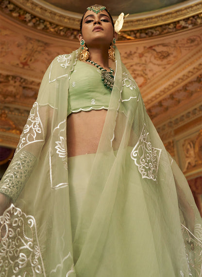 Ruby Chiffon Pista Festival Wear Thread Embroidery Work Designer Saree 388264