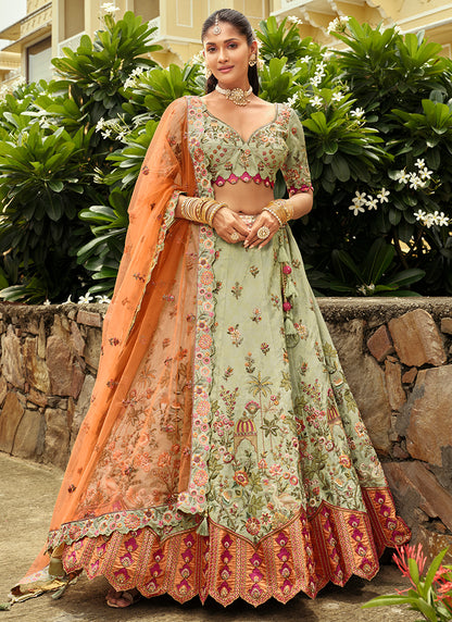 Silk Pista Wedding Wear Heavy Embroidery Cut Work Readymade Lehenga Choli 386496