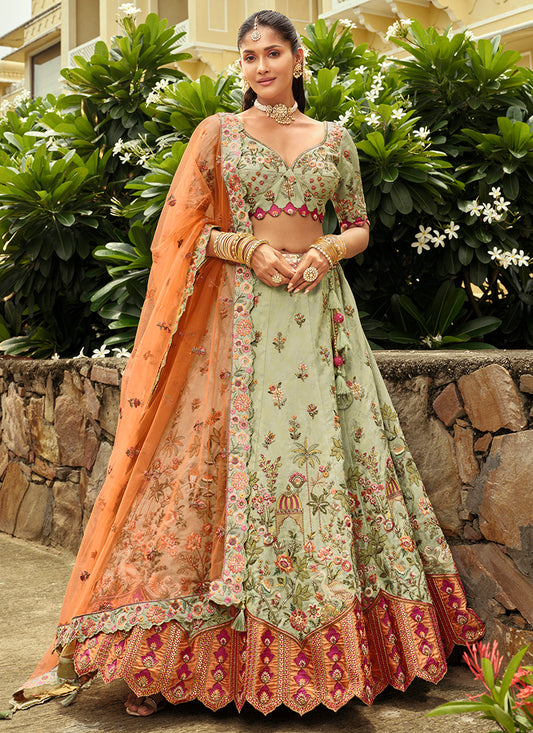 Silk Pista Wedding Wear Heavy Embroidery Cut Work Readymade Lehenga Choli 386496