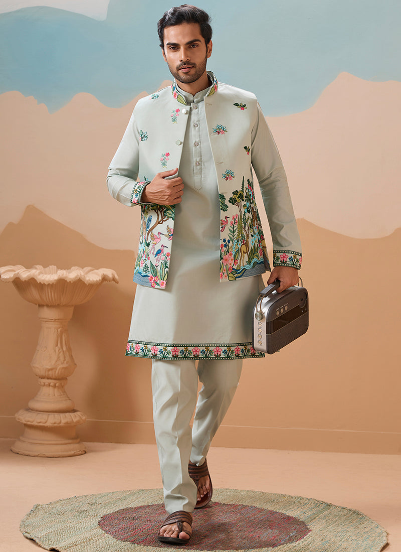 Viscose Silk Pista Festival Wear Sequins Embroidery Work Readymade Modi Jacket Kurta Pajama 388287