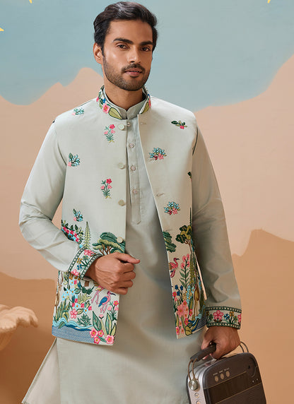 Viscose Silk Pista Festival Wear Sequins Embroidery Work Readymade Modi Jacket Kurta Pajama 388287