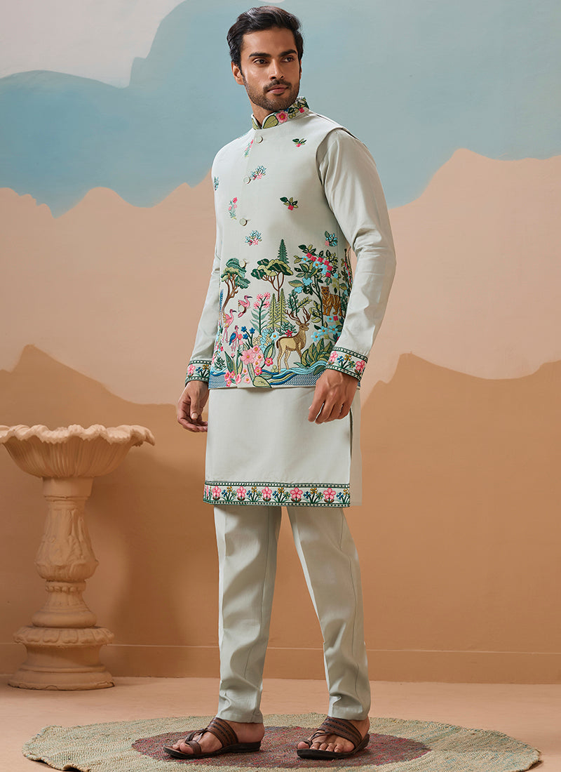 Viscose Silk Pista Festival Wear Sequins Embroidery Work Readymade Modi Jacket Kurta Pajama 388287