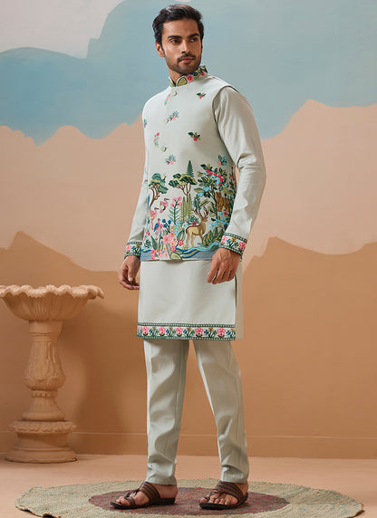 Viscose Silk Pista Festival Wear Sequins Embroidery Work Readymade Modi Jacket Kurta Pajama 388287