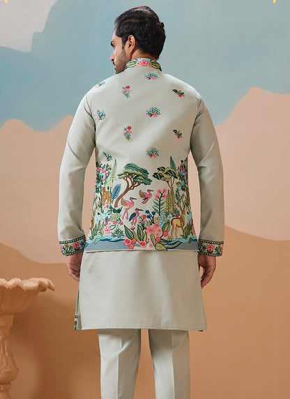 Viscose Silk Pista Festival Wear Sequins Embroidery Work Readymade Modi Jacket Kurta Pajama 388287