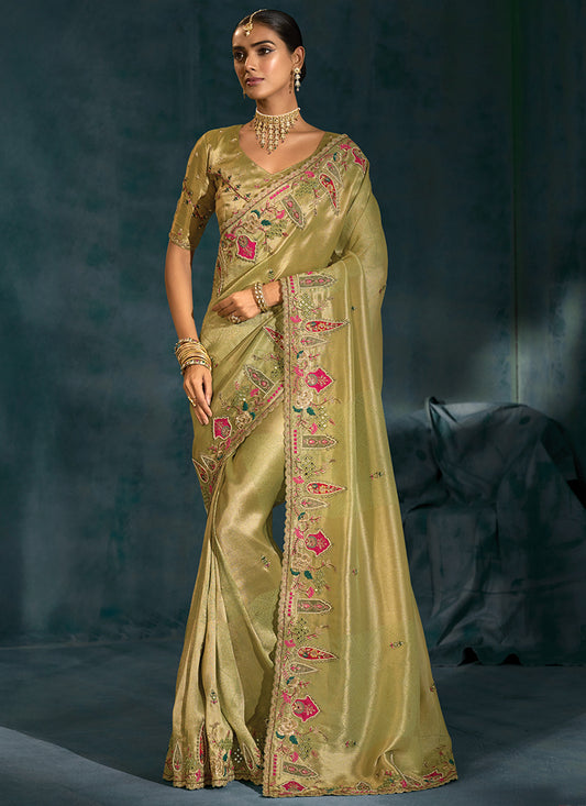 Ziraf Silk Pista Designer Saree with Heavy Work for Bridal Wear 384679