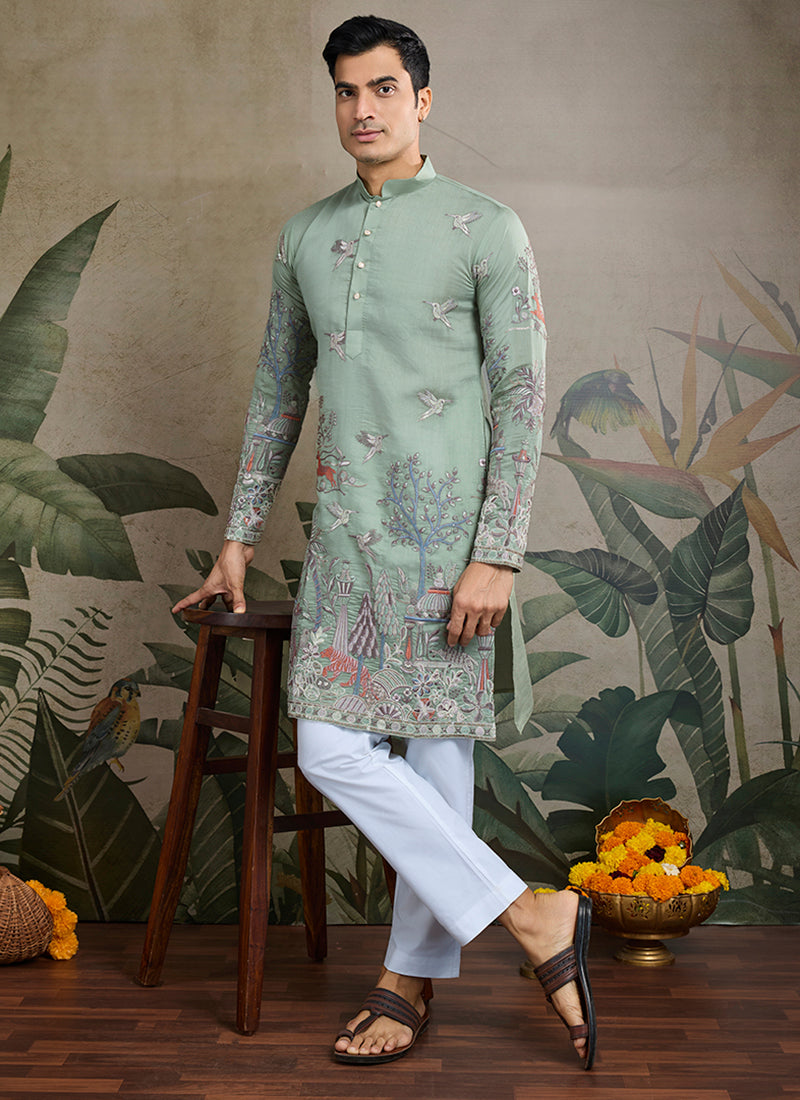 Viscose Silk Pastel Pista Occasion Wear Stylish Thread Work Kurta