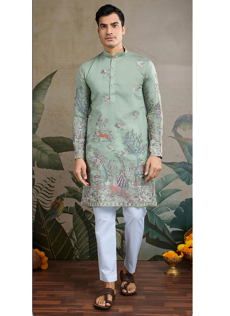 Viscose Silk Pastel Pista Occasion Wear Stylish Thread Work Kurta