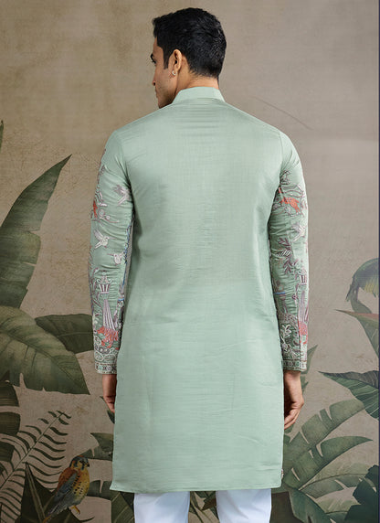 Viscose Silk Pastel Pista Occasion Wear Stylish Thread Work Kurta