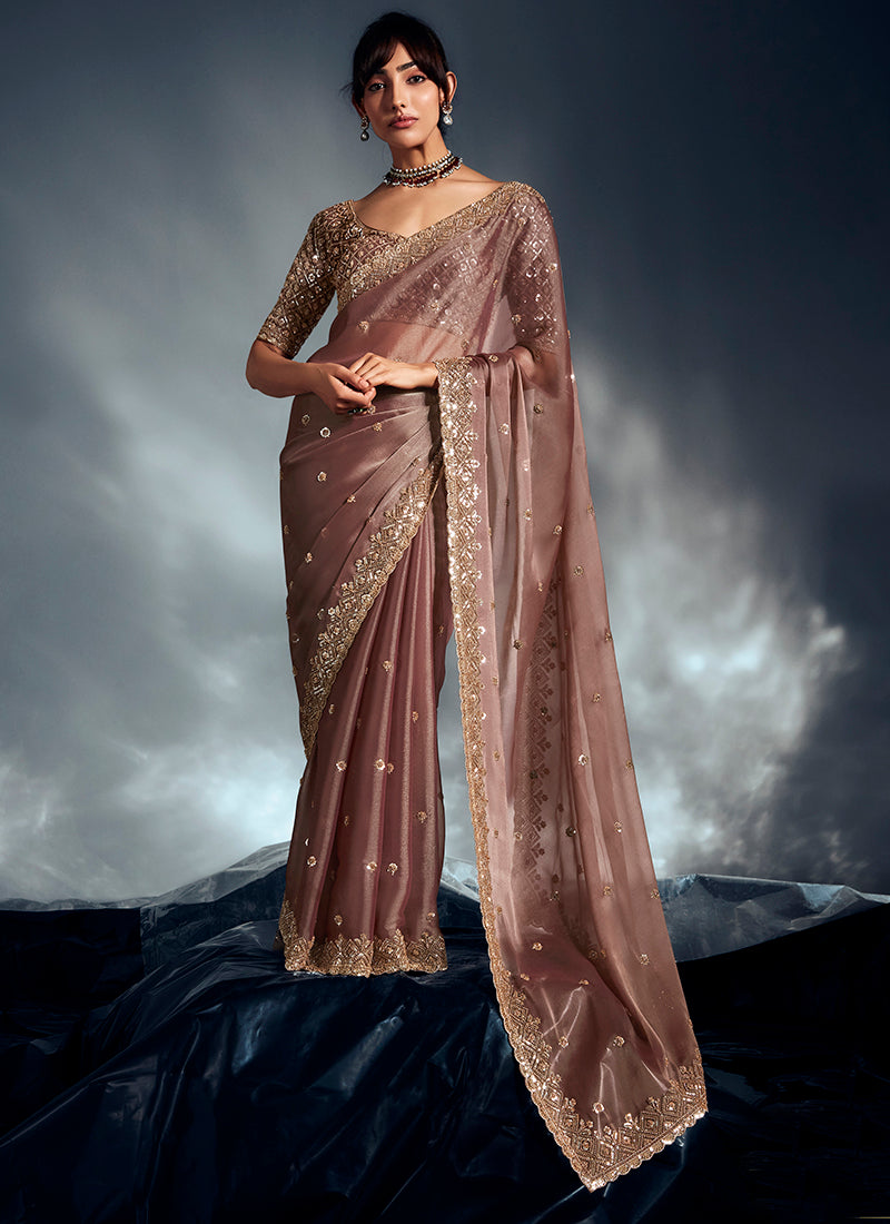 Organza Plaster Brown Saree with Sequin Work for Wedding Wear 383022