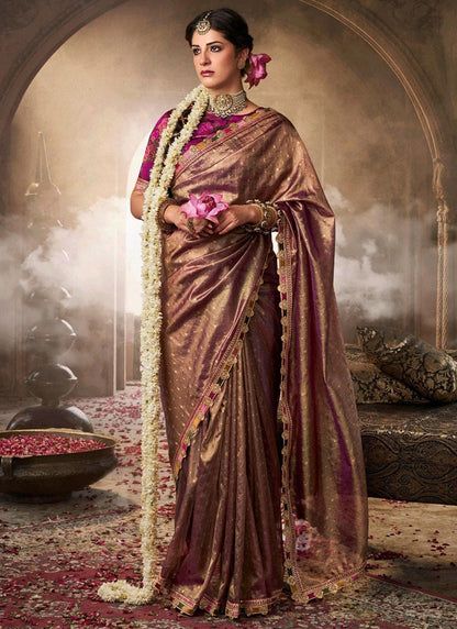Pure Tissue Plum Bronze Party Wear Lace Border Work Saree 387561