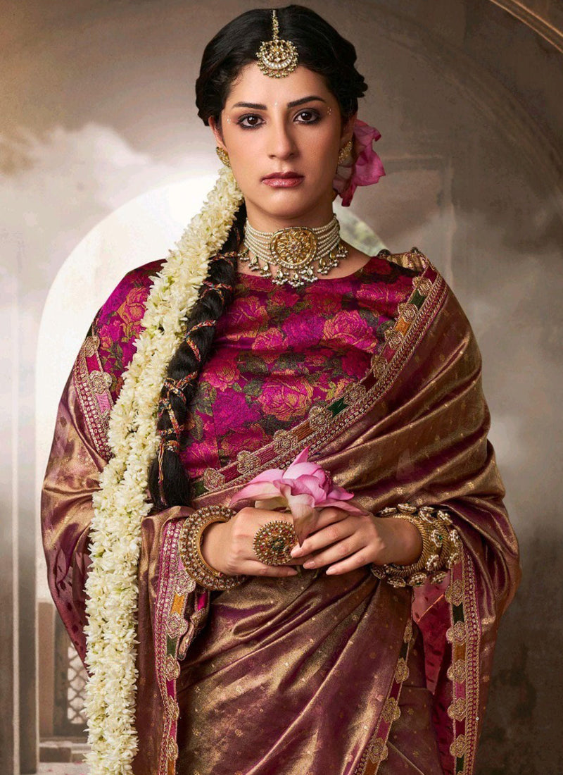 Pure Tissue Plum Bronze Party Wear Lace Border Work Saree 387561