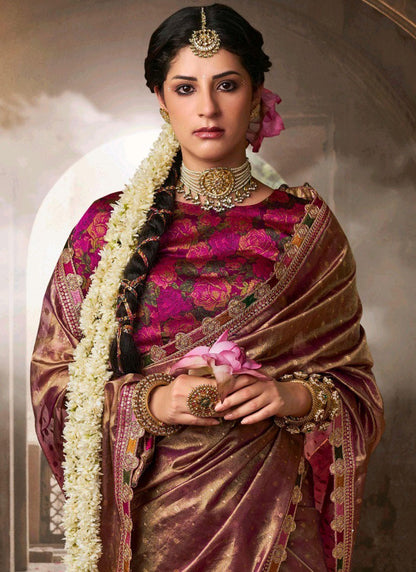 Pure Tissue Plum Bronze Party Wear Lace Border Work Saree 387561