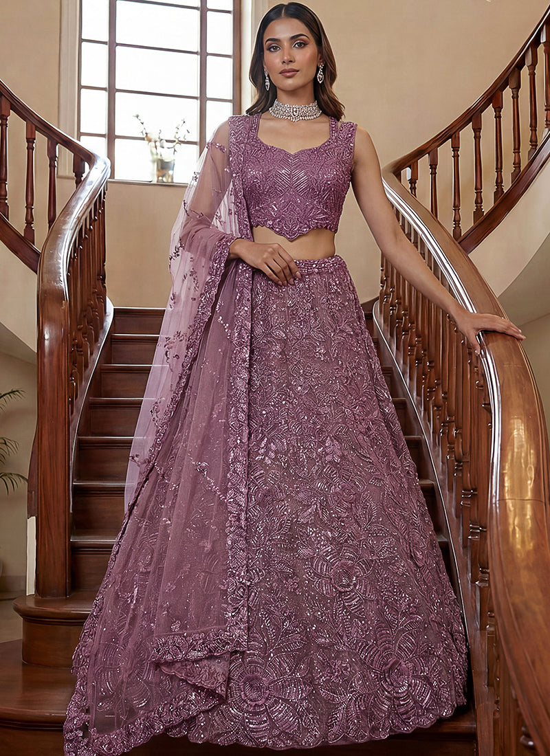 Plum Net Thread Work Wedding Wear Lehenga Choli SW358242