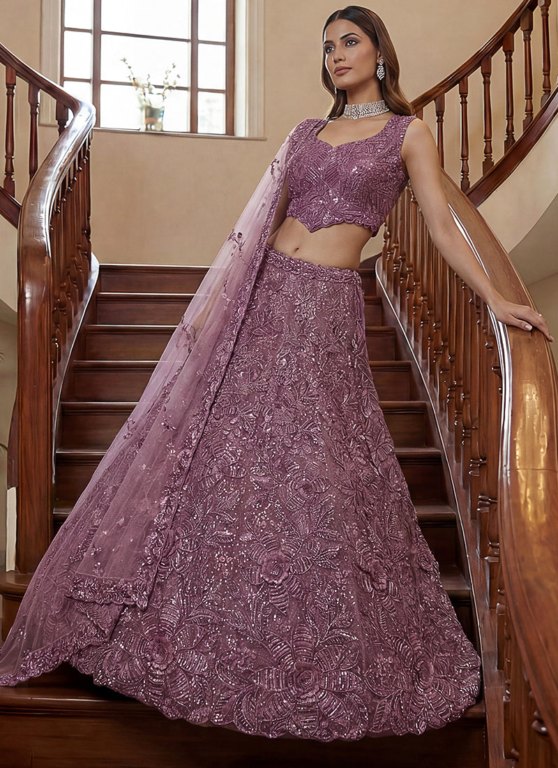 Plum Net Thread Work Wedding Wear Lehenga Choli SW358242