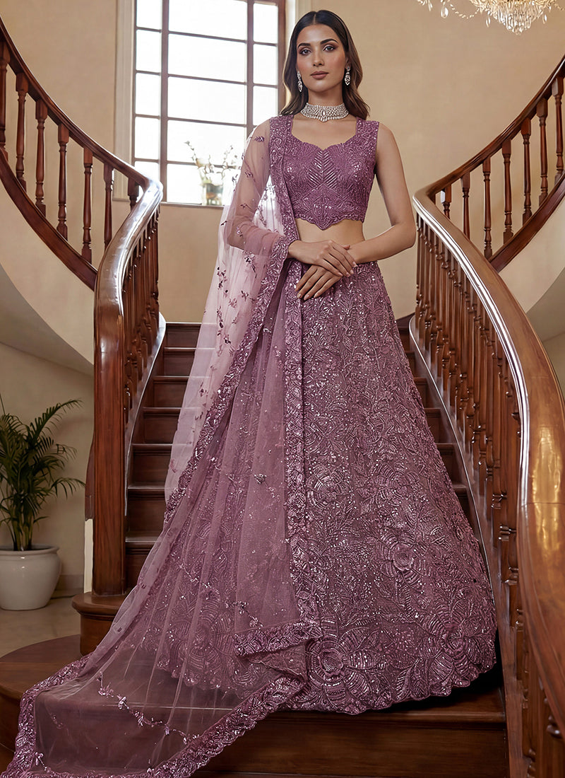 Plum Net Thread Work Wedding Wear Lehenga Choli SW358242