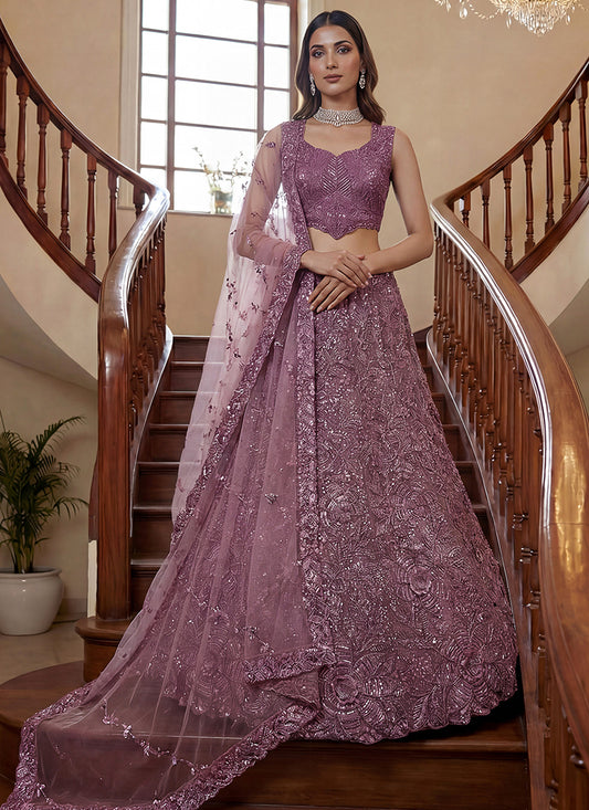 Plum Net Thread Work Wedding Wear Lehenga Choli SW358242