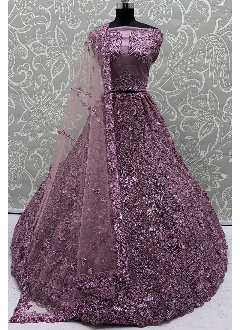 Plum Net Thread Work Wedding Wear Lehenga Choli SW358242