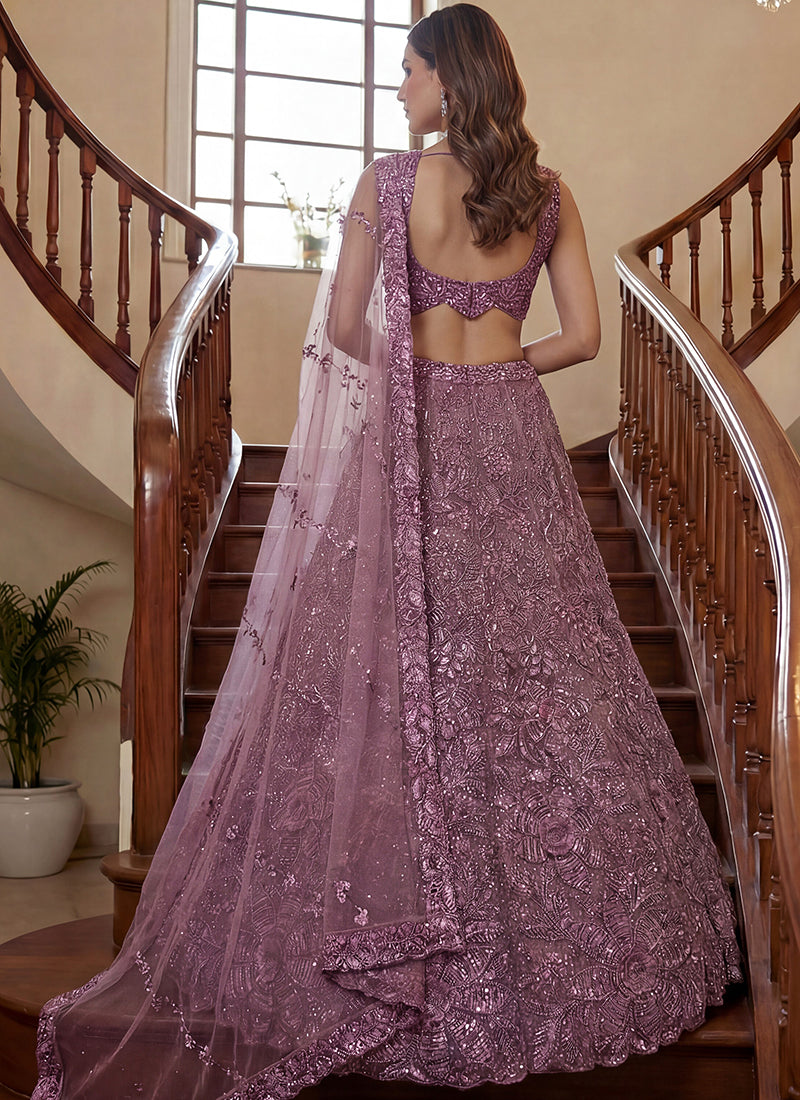 Plum Net Thread Work Wedding Wear Lehenga Choli SW358242