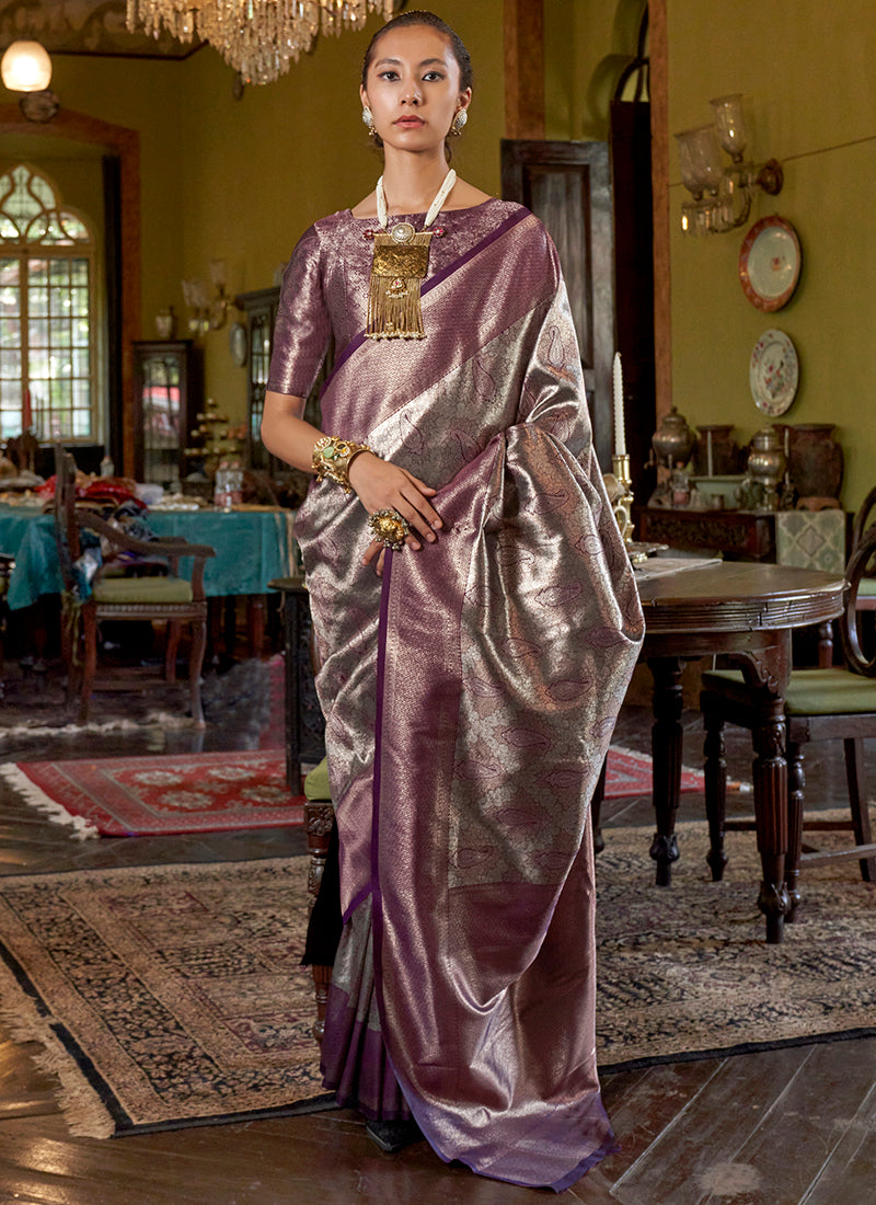 Silk Plum Saree with Weaving Work for Wedding Wear 382508