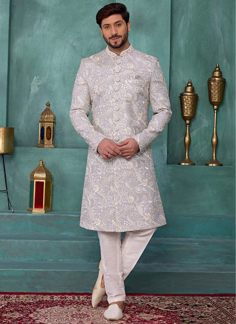 Powder Blue Art Silk Computer Thread Work Party Wear Readymade Sherwani SW604627