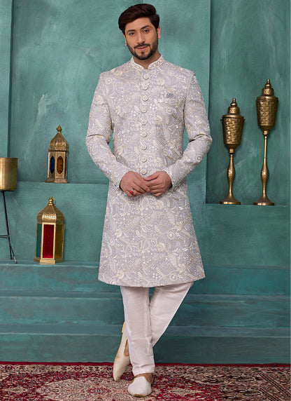 Powder Blue Art Silk Computer Thread Work Party Wear Readymade Sherwani SW604627