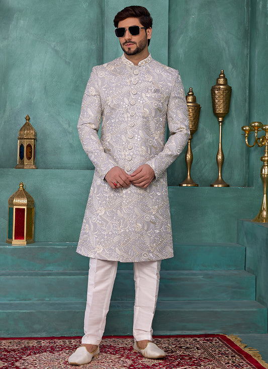 Powder Blue Art Silk Computer Thread Work Party Wear Readymade Sherwani SW604627