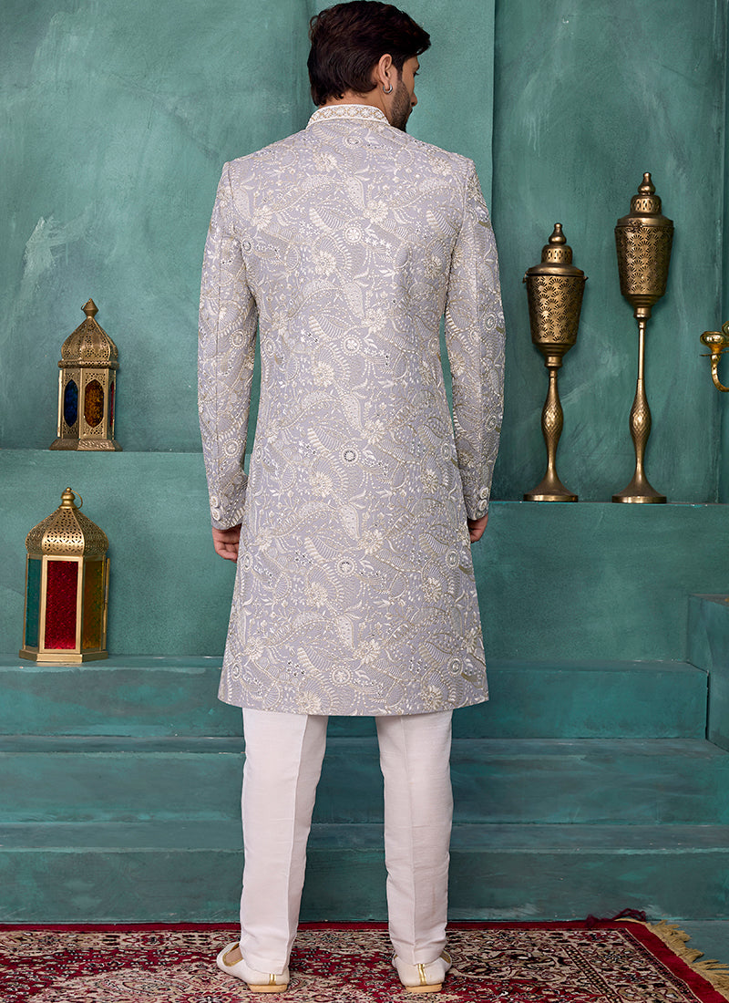 Powder Blue Art Silk Computer Thread Work Party Wear Readymade Sherwani SW604627