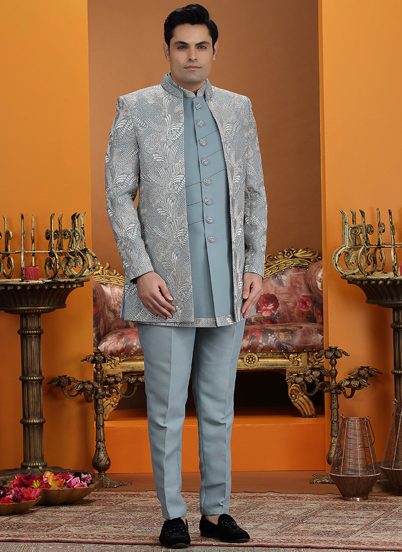 Powder Blue Art Silk Computer Thread Work Wedding Wear Readymade Indowestern Sherwani SW994734